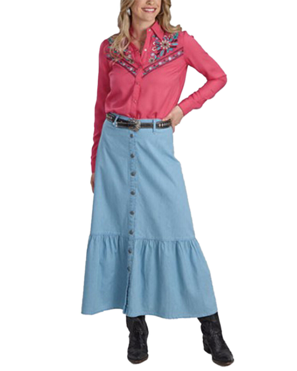Roper Women's Light Wash Button-Down Midi Denim Skirt, Light Wash, hi-res