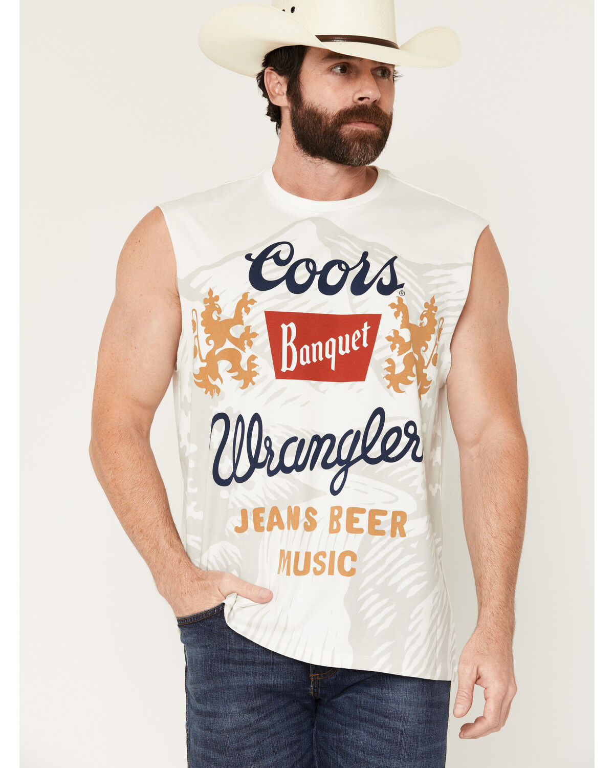 Image #1 - Wrangler X Coors Banquet Men's Logo Cutoff Muscle T-Shirt, Off White, hi-res