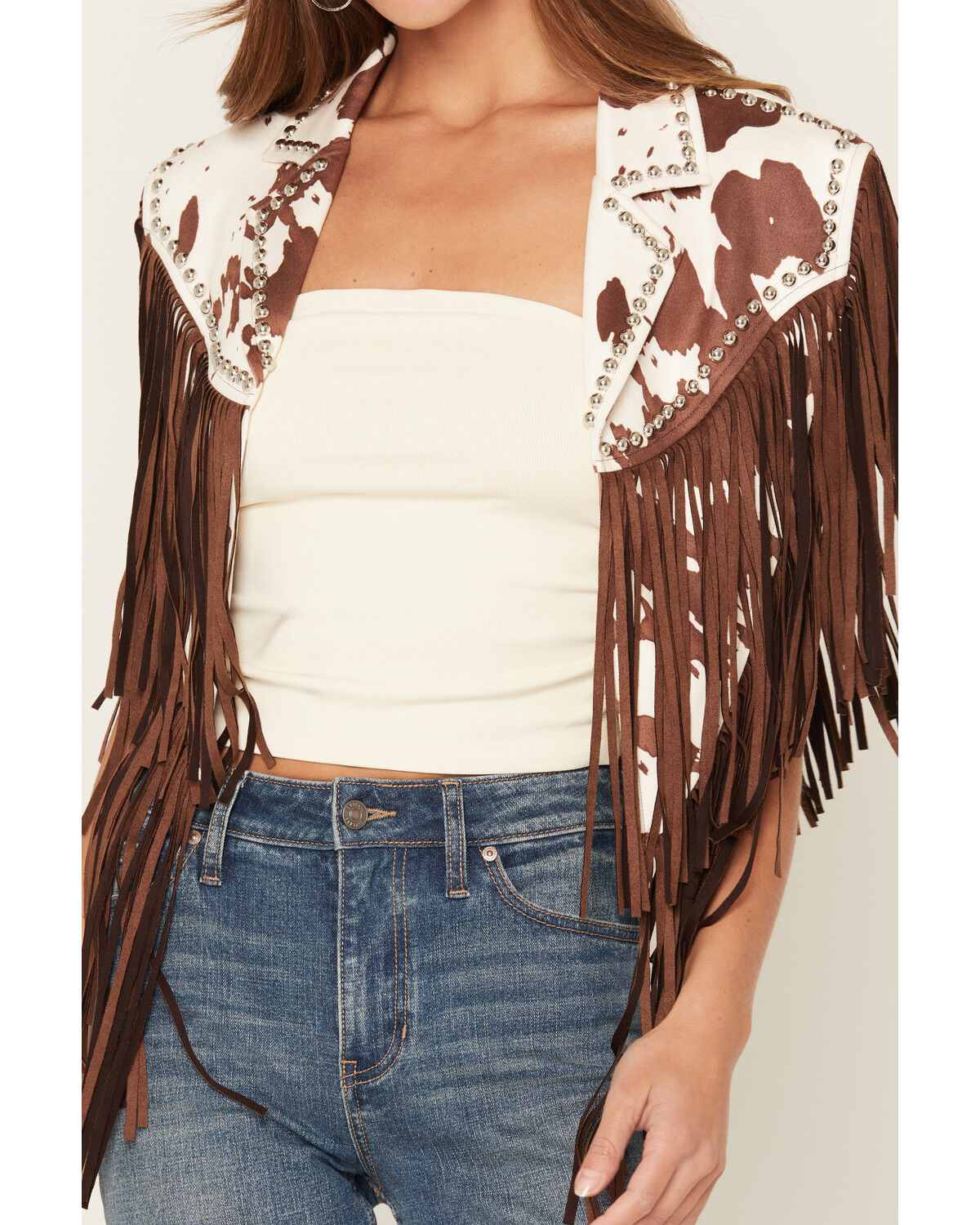 Image #3 - Saints & Hearts Women's Cow Print Studded Fringe Capelet, Brown, hi-res