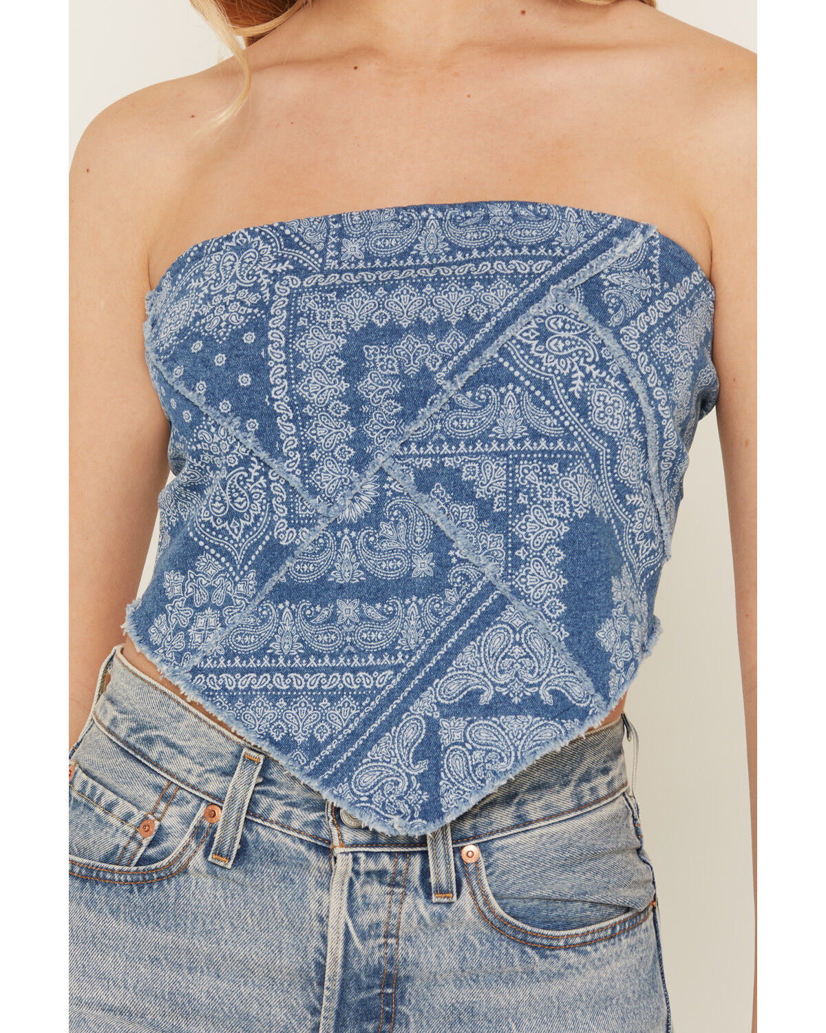 Image #5 - Cleo + Wolf Women's Bandana Print Strapless Denim Tie Shirt, Medium Wash, hi-res