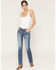 Image #3 - Miss Me Women's Dark Wash Mid Rise Winged Pocket 30" Bootcut Stretch Denim Jeans, Dark Wash, hi-res