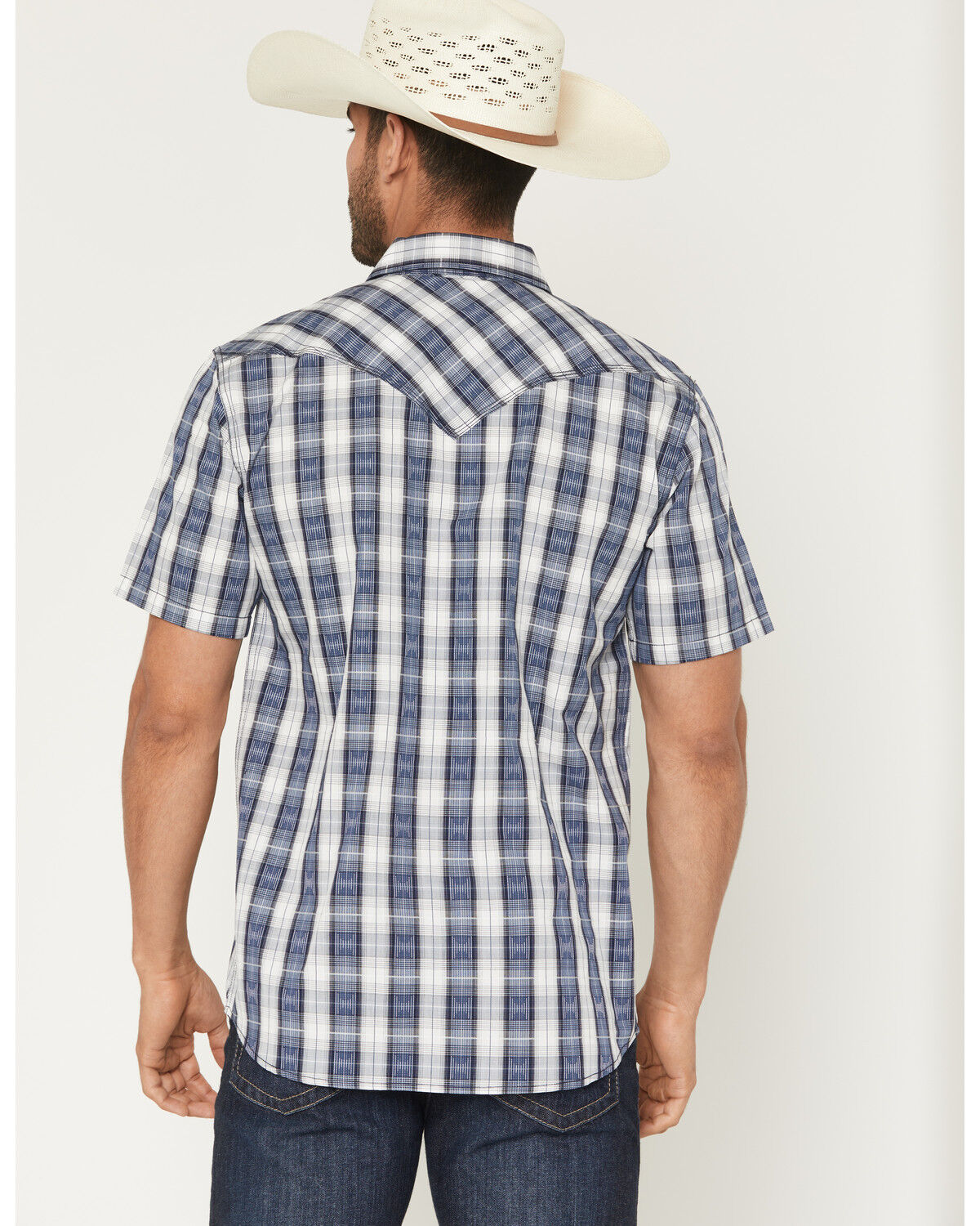 Image #4 - Moonshine Spirit&reg; Men's Desert Willow Plaid Print Short Sleeve Pearl Snap Western Shirt, Blue, hi-res