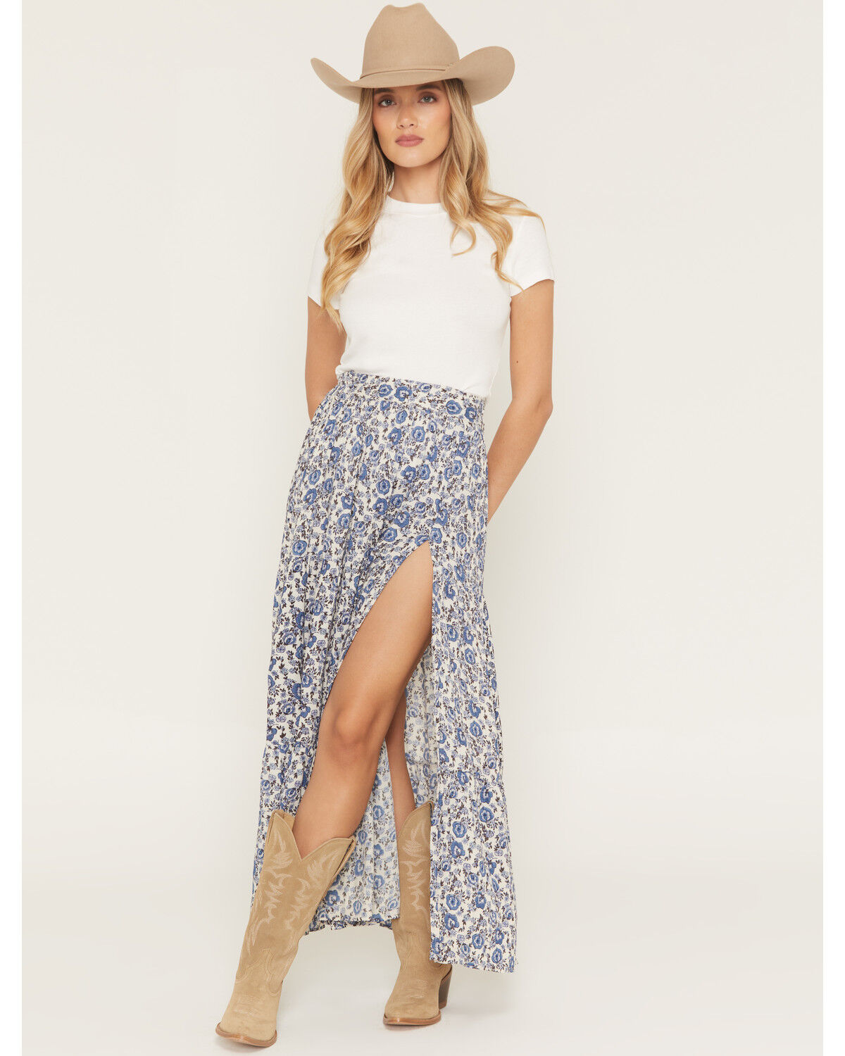 Angie Women's Floral Print Tiered Slit Midi Skirt, Blue, hi-res