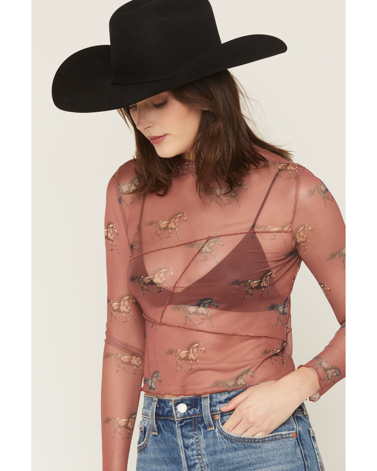 Image #2 - Rock & Roll Denim Women's Horse Print Long Sleeve Mesh Top, Rust Copper, hi-res
