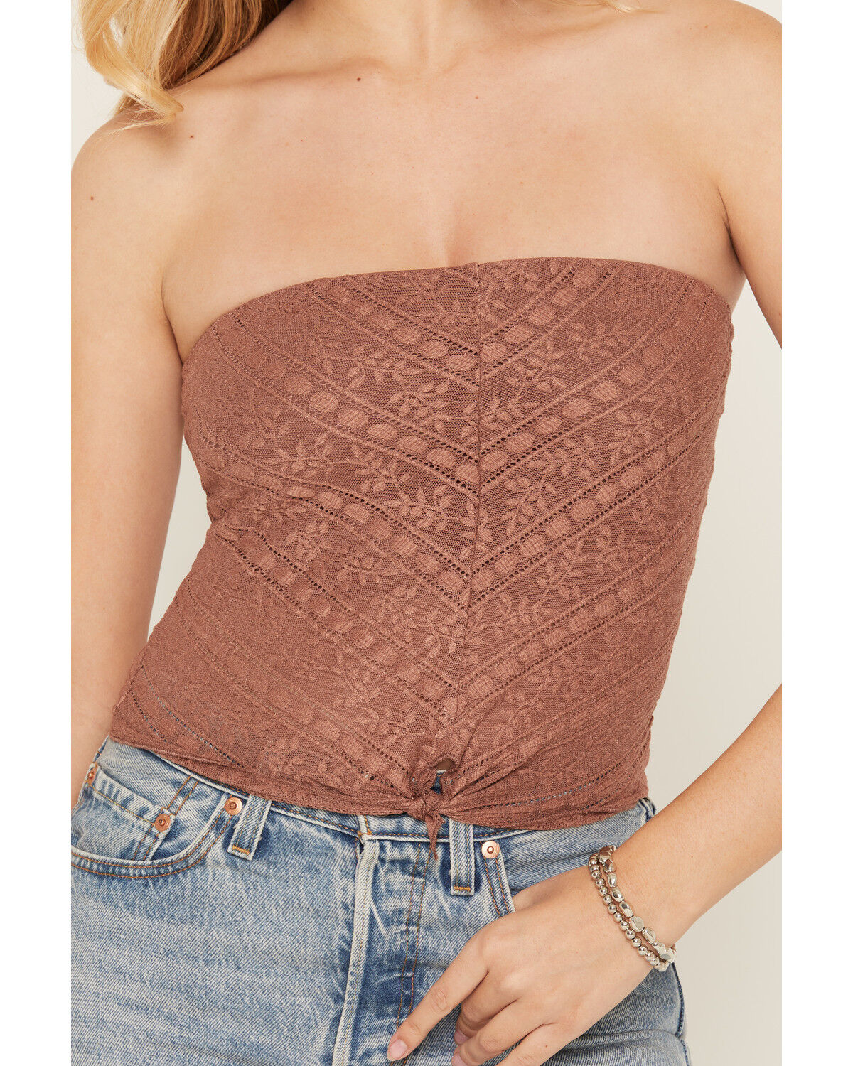 Image #4 - Cleo + Wolf Women's Solid Tie-Front Strapless Shirt, Brown, hi-res