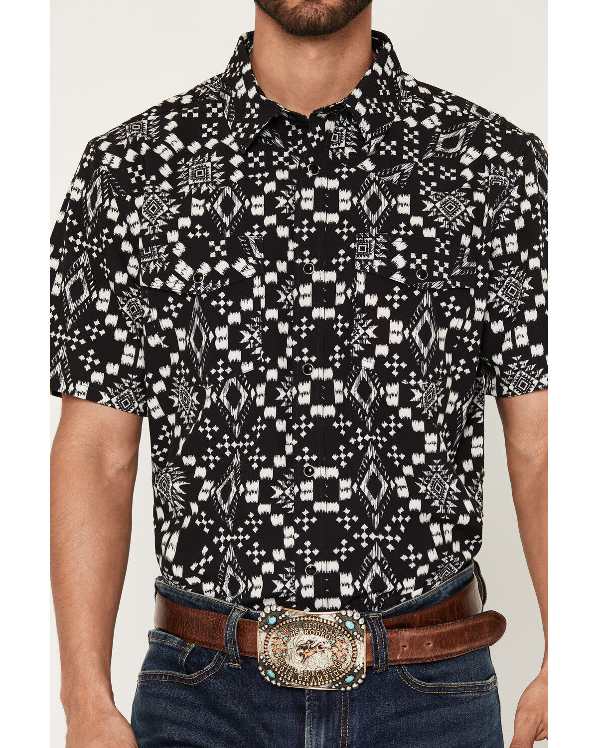 Image #3 - RANK 45&reg; Men's RODEOTEK&trade; Zig Man Southwestern Print 2.0 Short Sleeve Snap Stretch Western Shirt, Black, hi-res