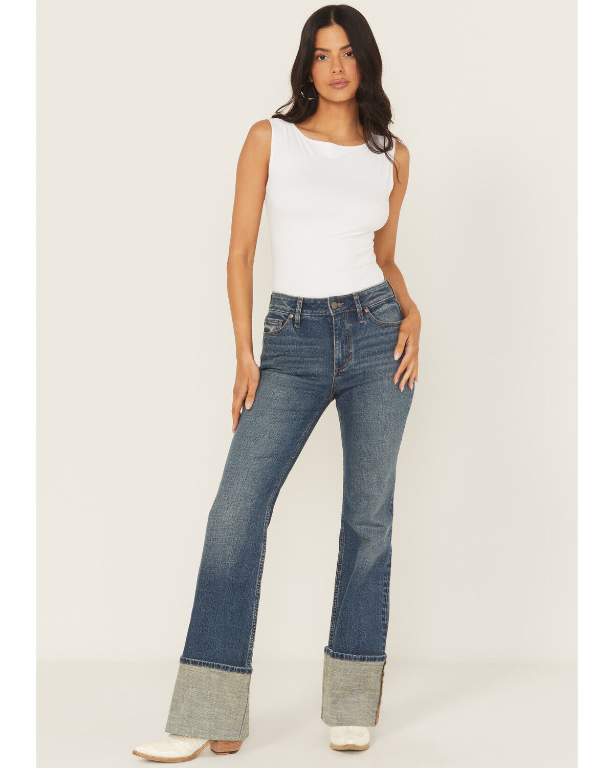 Shyanne Women's Joni High Rise Trouser Tall Cuff Stretch Denim Jeans, Medium Wash, hi-res