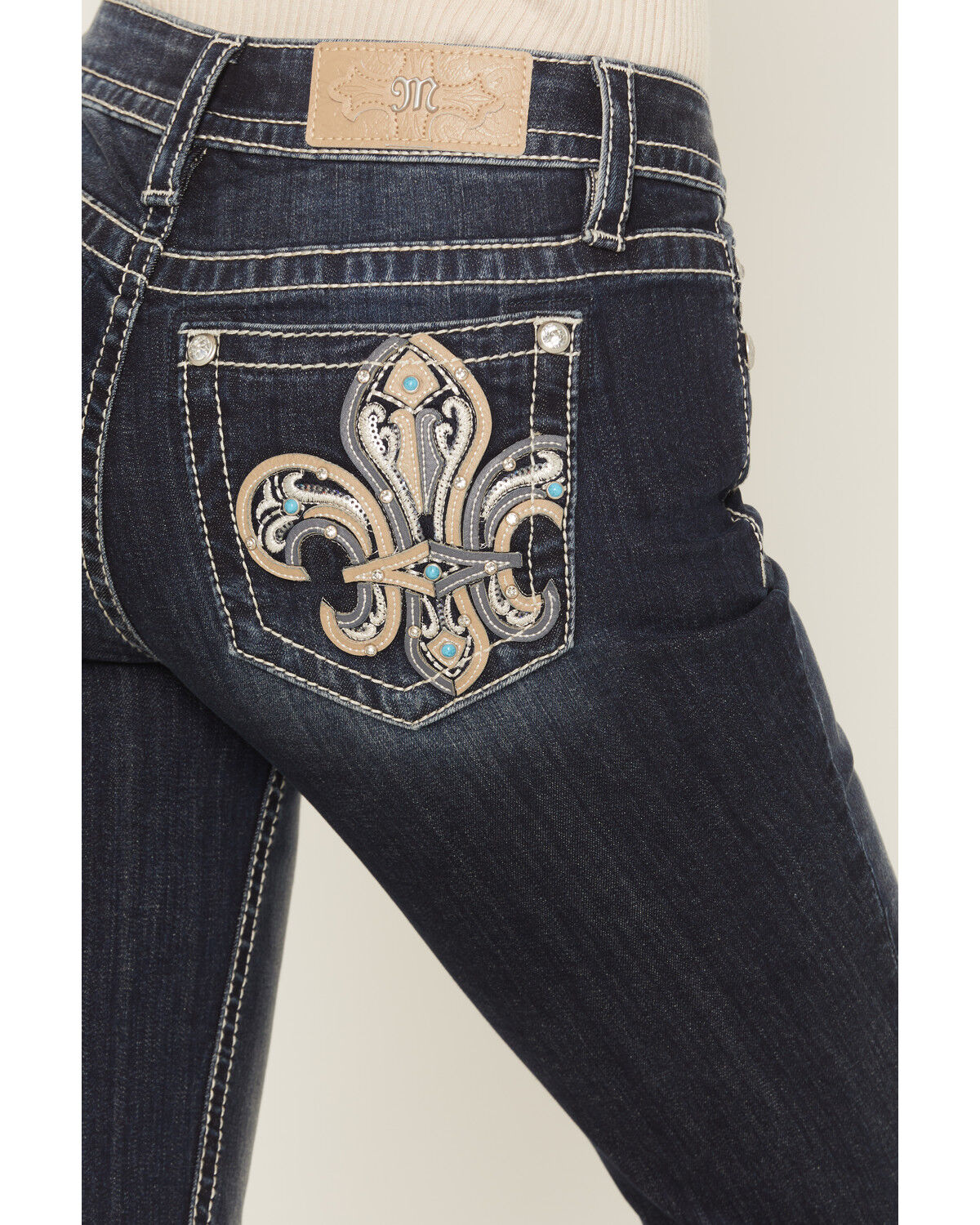 Image #2 - Miss Me Women's Medium Wash Mid Rise Fleur de Lis Pocket 30" Bootcut Stretch Denim Jeans, Medium Wash, hi-res