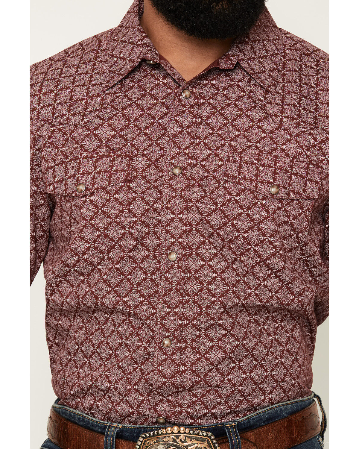 Image #3 - Gibson Trading Co Men's Gypsy Den Medallion Print Short Sleeve Snap Western Shirt, Burgundy, hi-res