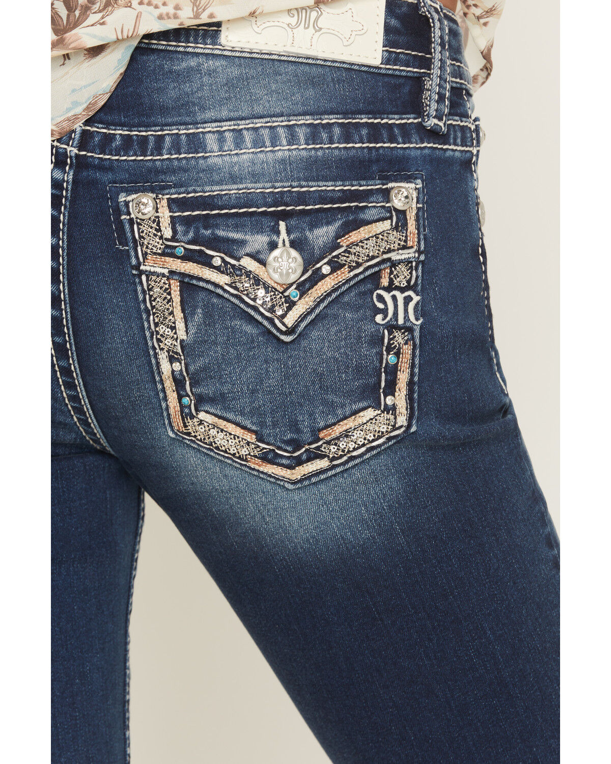 Image #2 - Miss Me Women's Medium Wash Mid Rise Border Pocket 30" Bootcut Stretch Denim Jeans, Medium Wash, hi-res