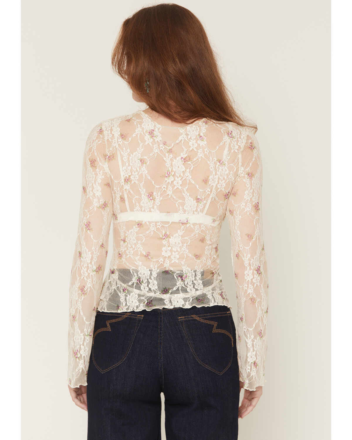 Image #4 - Ash & Violet Women's Floral Print Lace Long Sleeve Top, Cream, hi-res