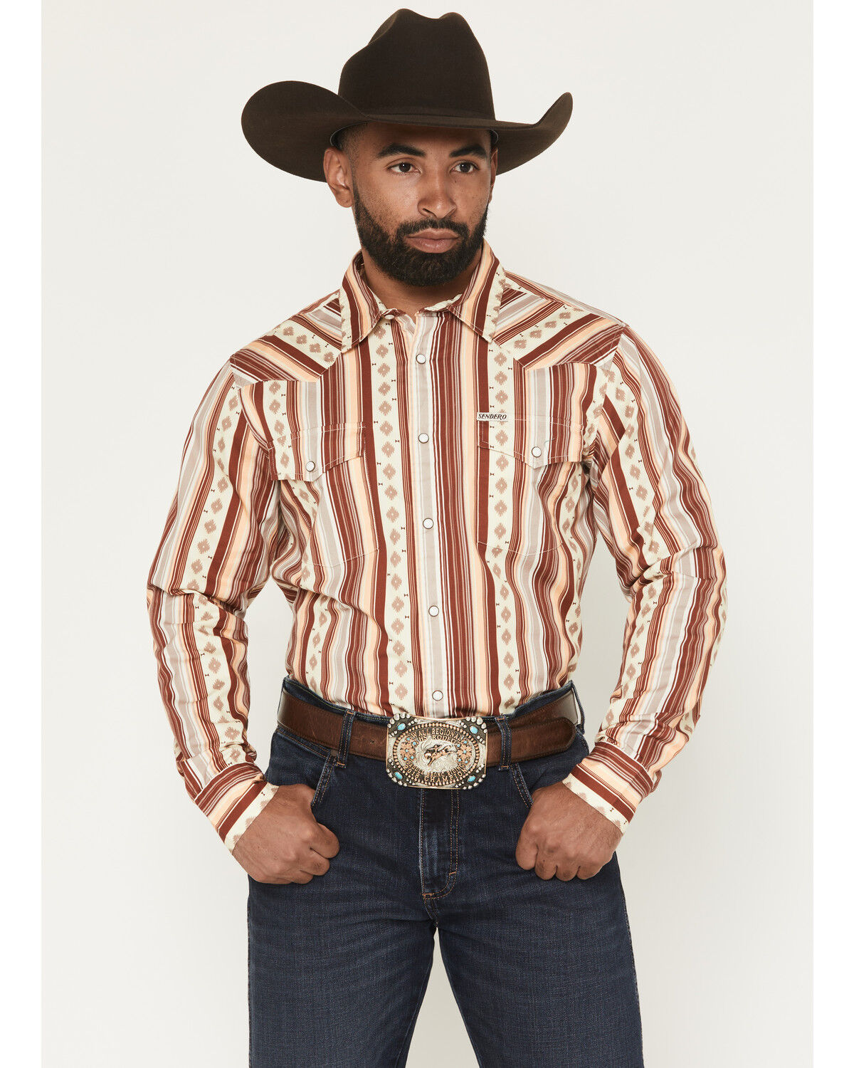 Sendero Provisions Men's Wyatt Southwestern Stripe Print Long Sleeve Snap Western Shirt, Maroon, hi-res