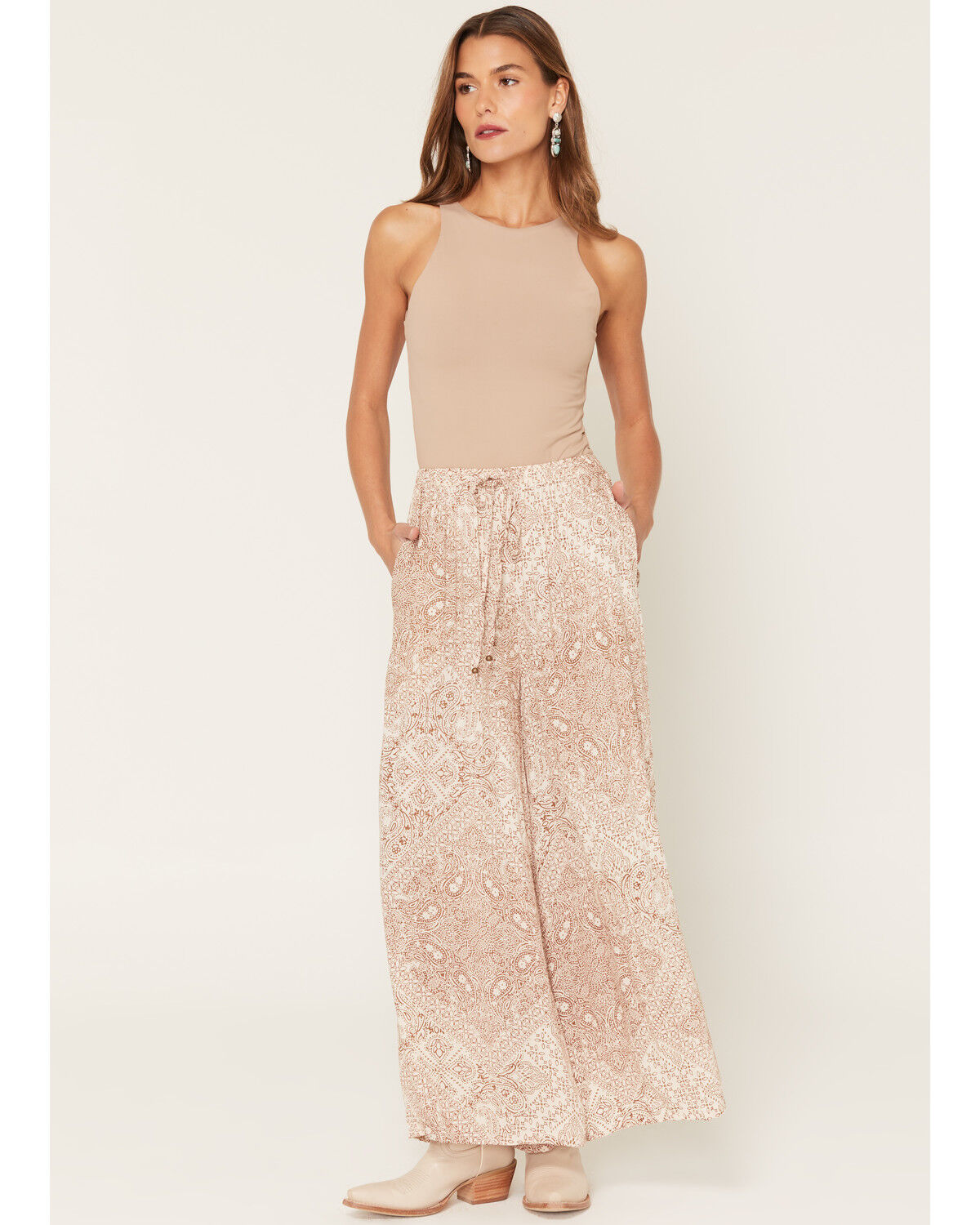 Image #1 - Angie Women's Geo Print Wide Leg Pants, Tan, hi-res