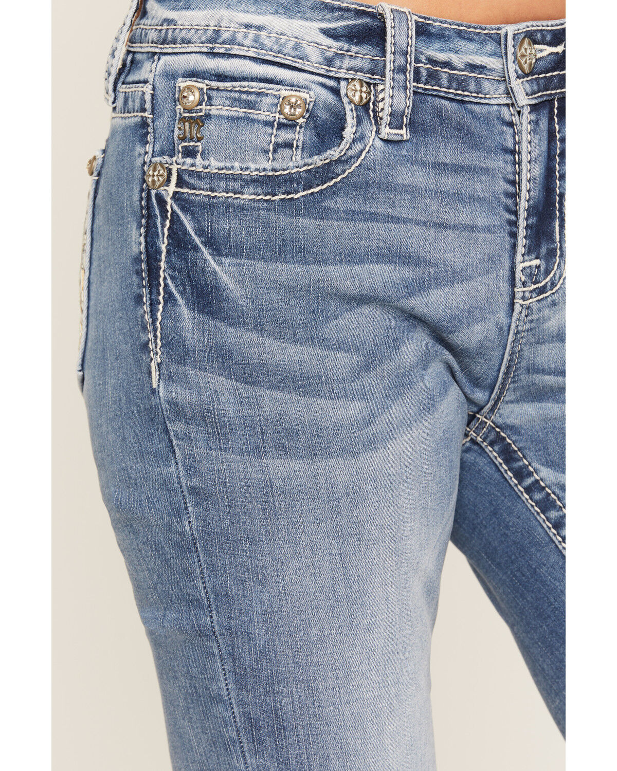 Image #4 - Miss Me Women's Medium Wash Mid Rise Fleur de Lis Pocket Bootcut Stretch Denim Jeans, Medium Wash, hi-res