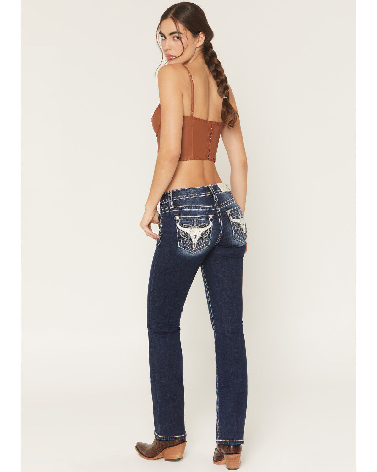 Image #1 - Miss Me Women's Dark Wash Mid Rise Steerhead Pocket 32" Bootcut Stretch Denim Jeans, Dark Wash, hi-res