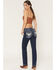 Image #1 - Miss Me Women's Dark Wash Mid Rise Steerhead Pocket 32" Bootcut Stretch Denim Jeans, Dark Wash, hi-res