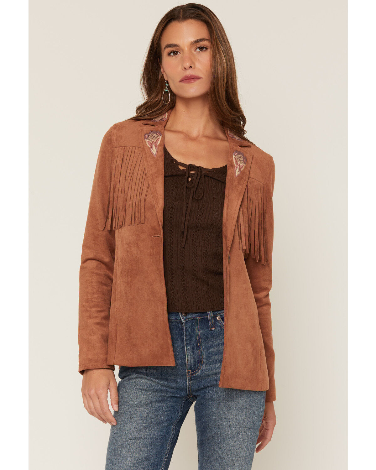 Image #1 - Shyanne Women's Ainsley Embroidered Fringe Faux Suede Blazer, Bark, hi-res