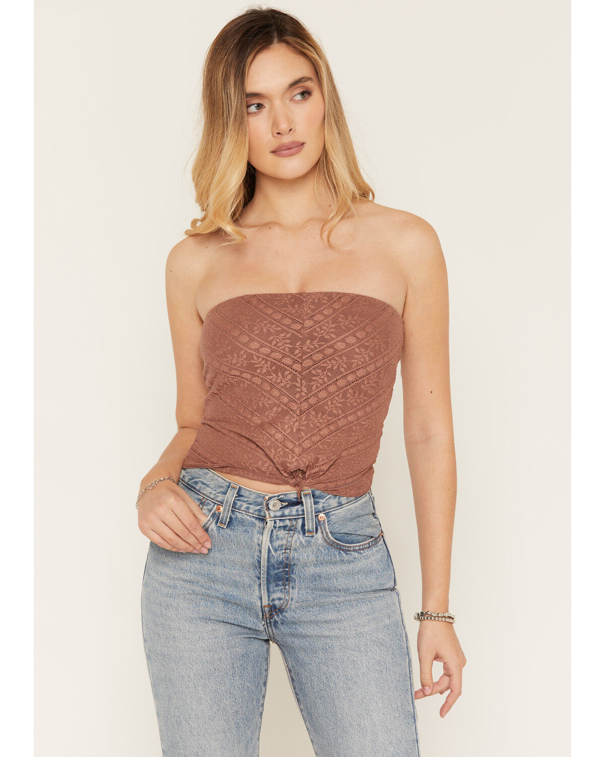 Image #2 - Cleo + Wolf Women's Solid Tie-Front Strapless Shirt, Brown, hi-res