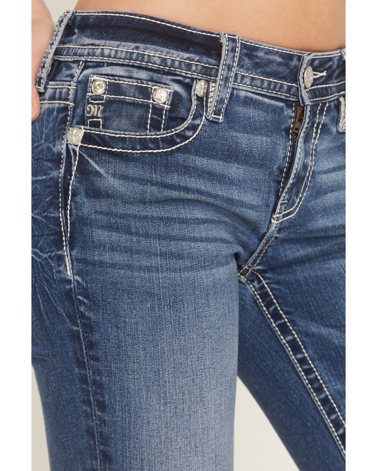 Image #4 - Miss Me Women's Medium Wash Mid Rise Fleur De Lis Pocket 30" Bootcut Stretch Denim Jeans, Medium Wash, hi-res
