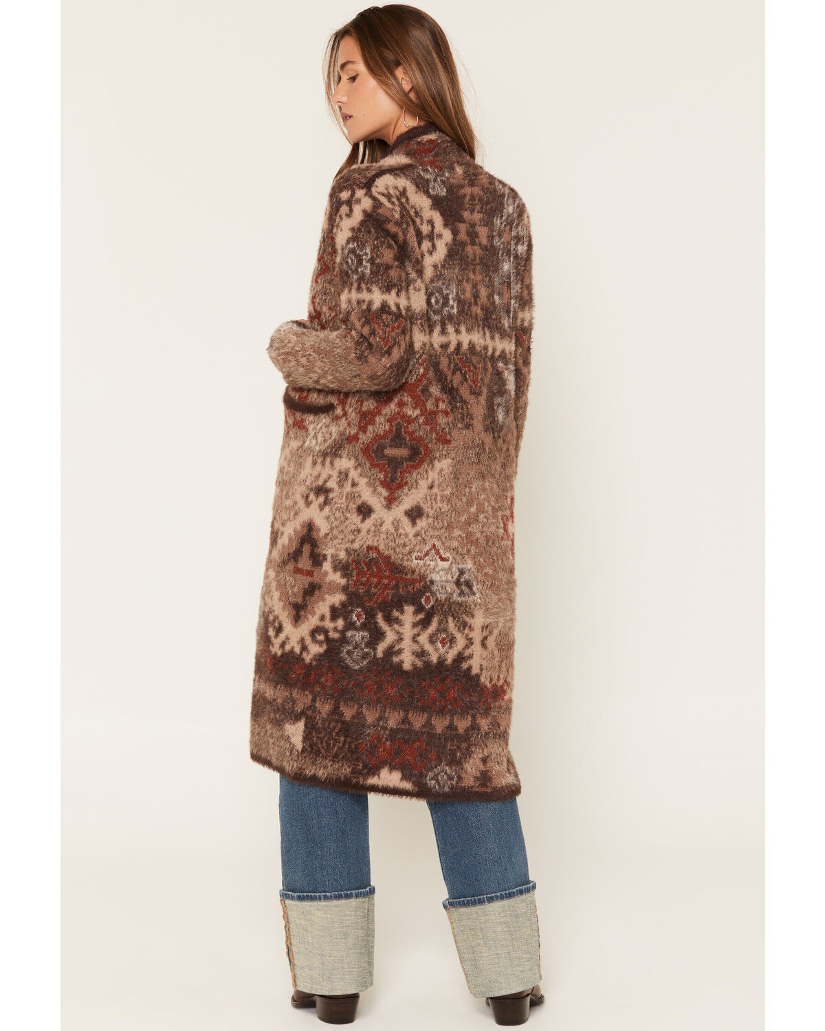 Image #4 - Shyanne Women's Southwestern Print Eyelash Yarn Duster, Cognac, hi-res
