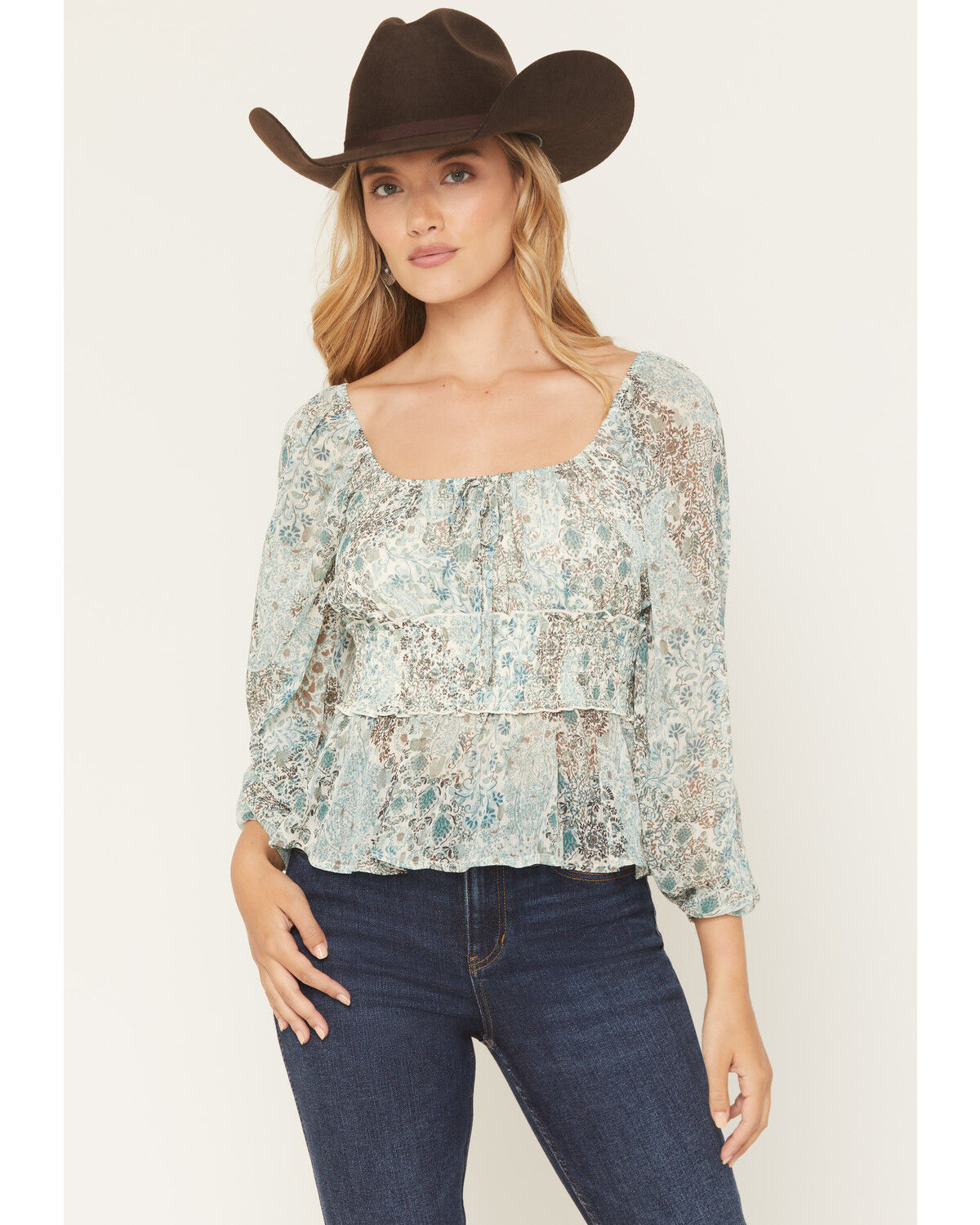 Ash & Violet Women's Boot Barn Exclusive Printed Long Sleeve Shirt, Teal, hi-res
