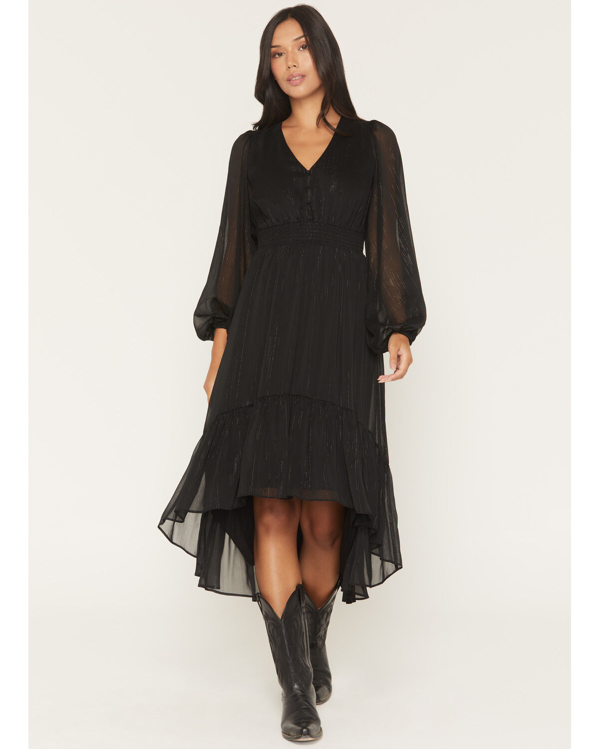 Shyanne Women's Josephine Faux Button-Down Long Sleeve Lurex Midi Dress, Black, hi-res