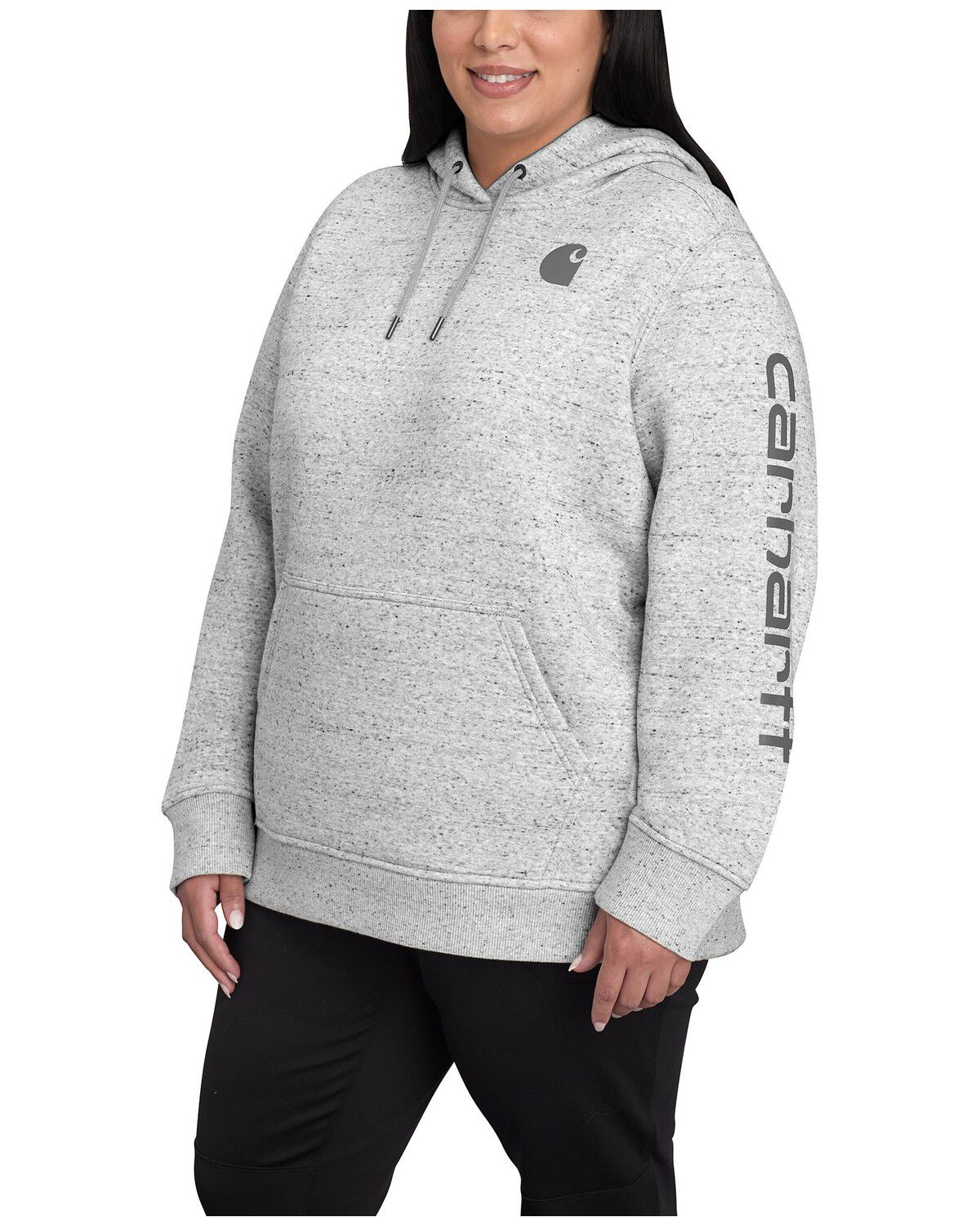 Carhartt Women's Heather Grey Clarksburg Sleeve Logo Hooded Sweatshirt - Plus, Heather Grey, hi-res