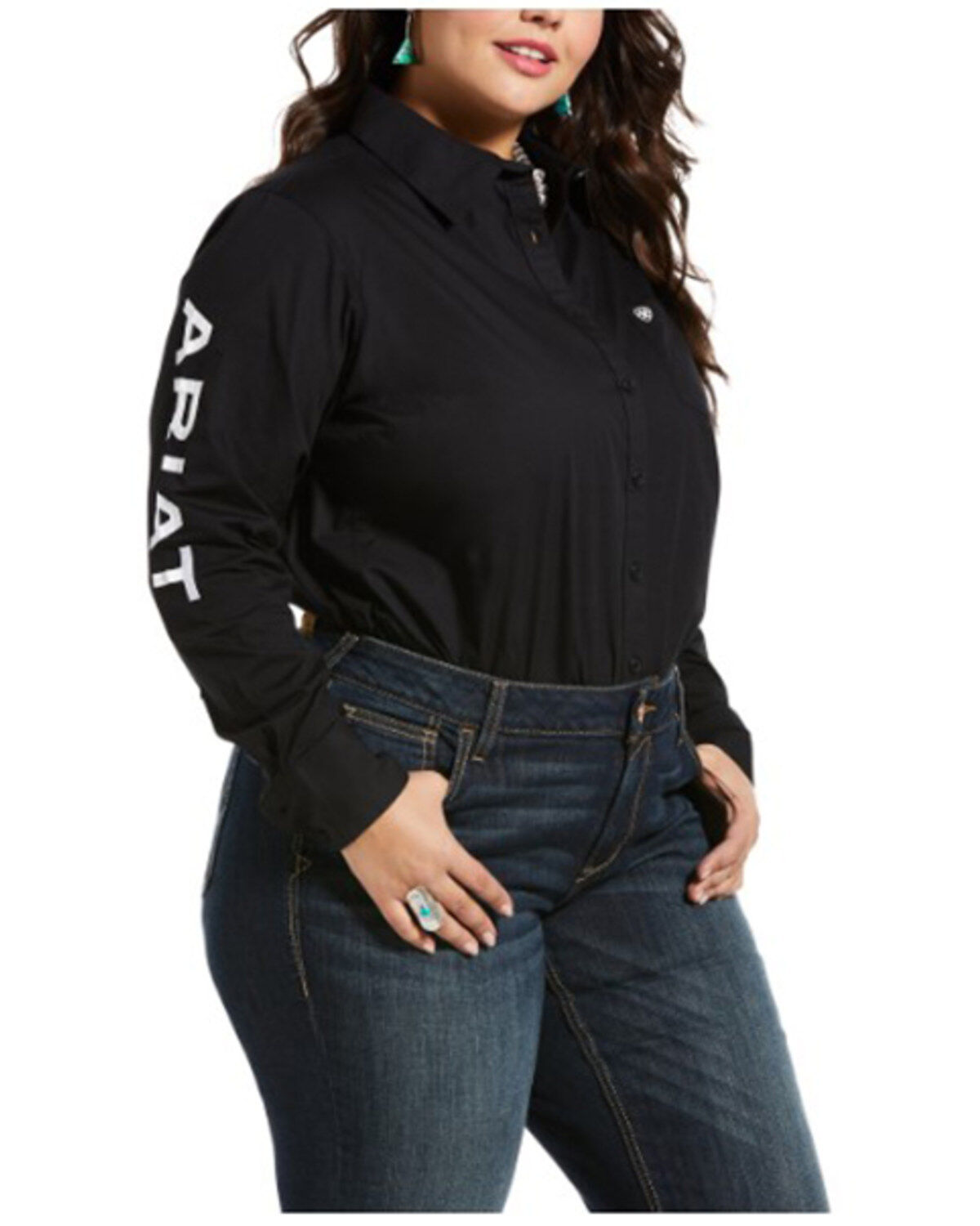 Image #1 - Ariat Women's Team Kirby Stretch Logo Long Sleeve Shirt - Plus, Black, hi-res