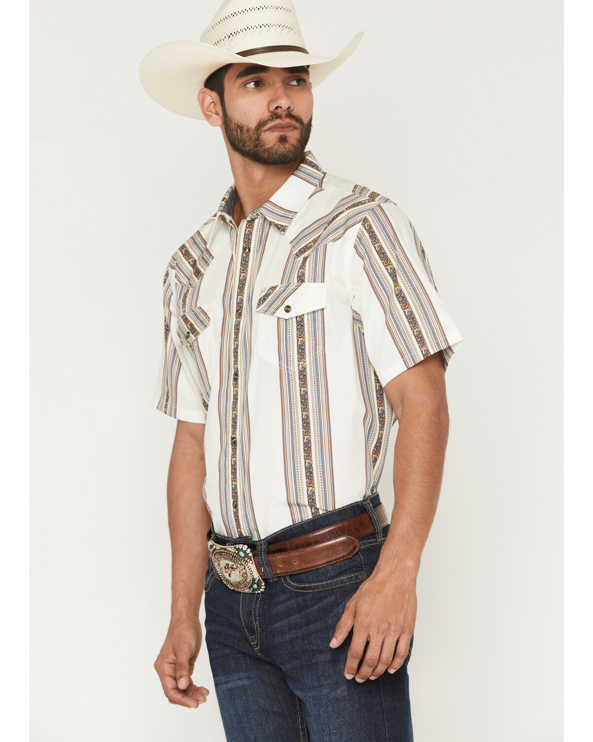 Image #2 - Cody James Men's Atticus Stripe Print Short Sleeve Snap Western Shirt, White, hi-res