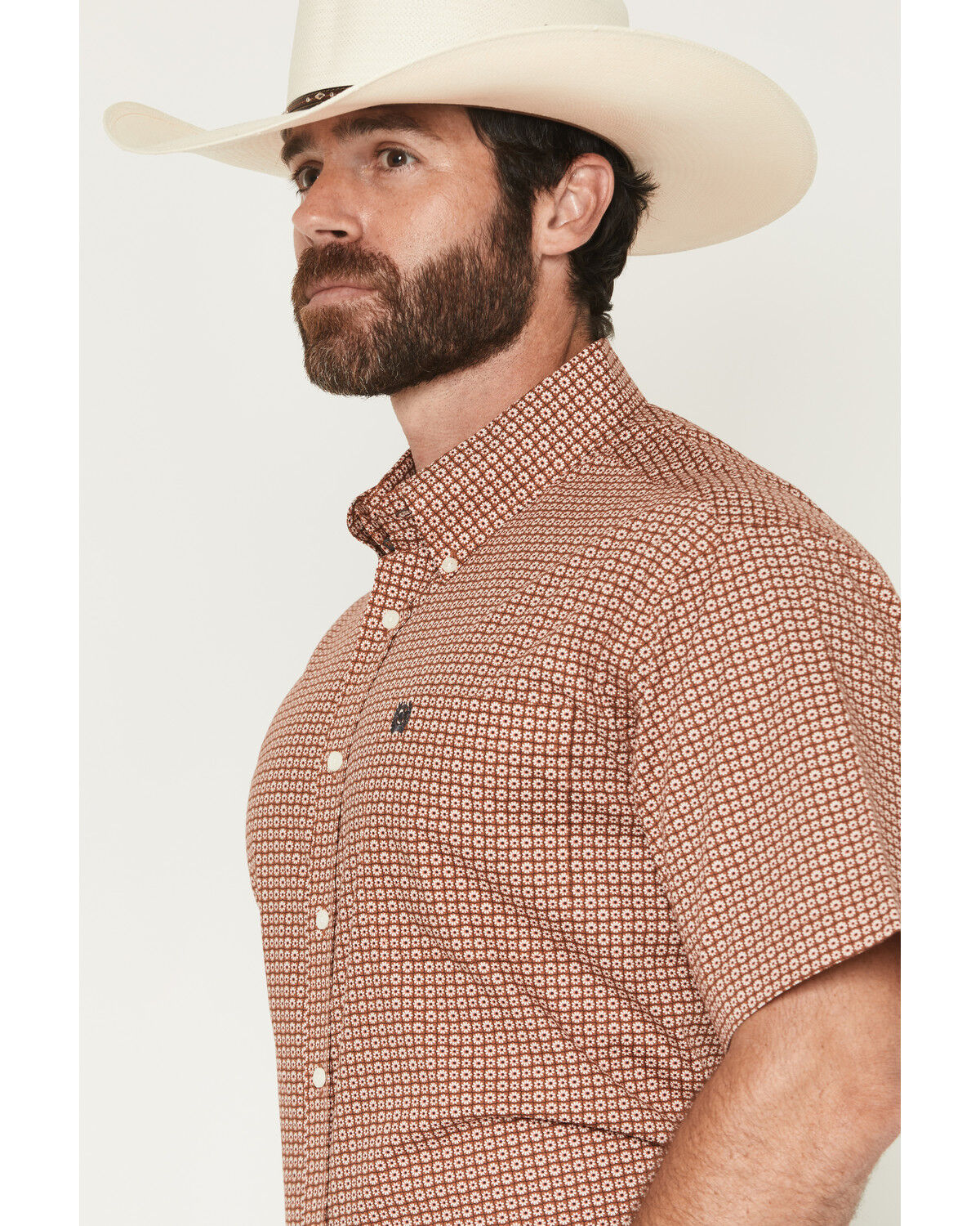 Image #2 - Cinch Men's Boot Barn Exclusive Micro Floral Geo Print Short Sleeve Button-Down Stretch Western Shirt, Brown, hi-res