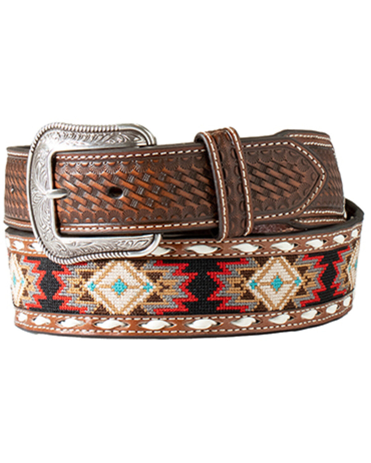 M & F Western Men's Southwestern Embroidered Belt, Brown, hi-res