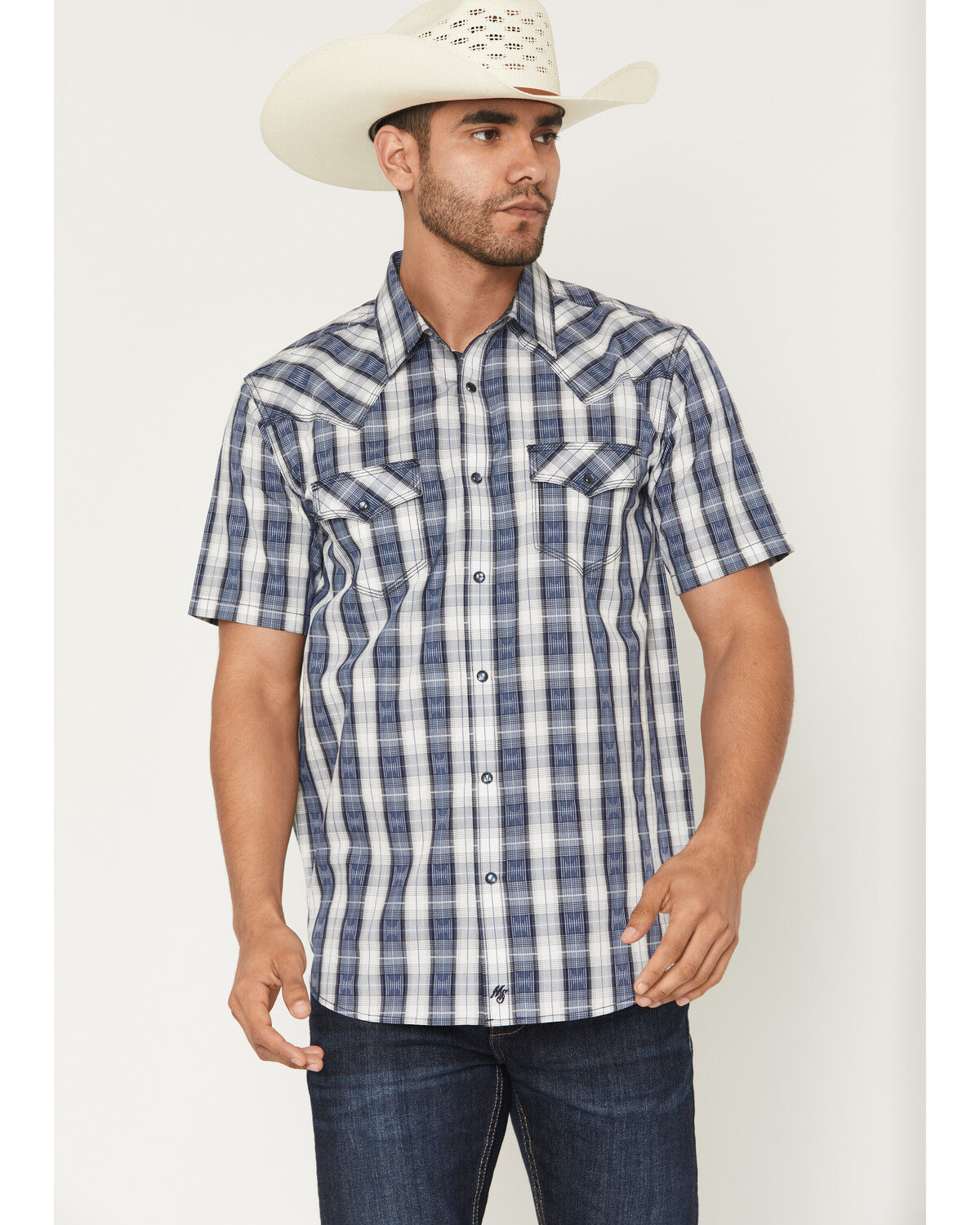 Moonshine Spirit&reg; Men's Desert Willow Plaid Print Short Sleeve Pearl Snap Western Shirt, Blue, hi-res