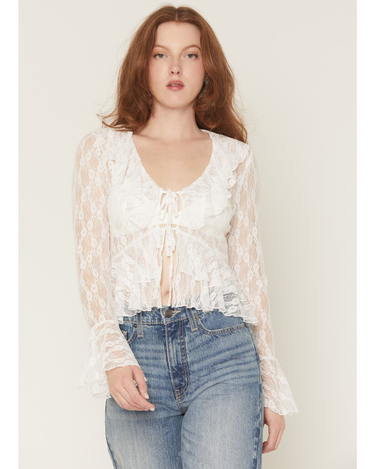 Image #2 - Ash & Violet Women's Lace Tie-Front Long Sleeve Top, White, hi-res