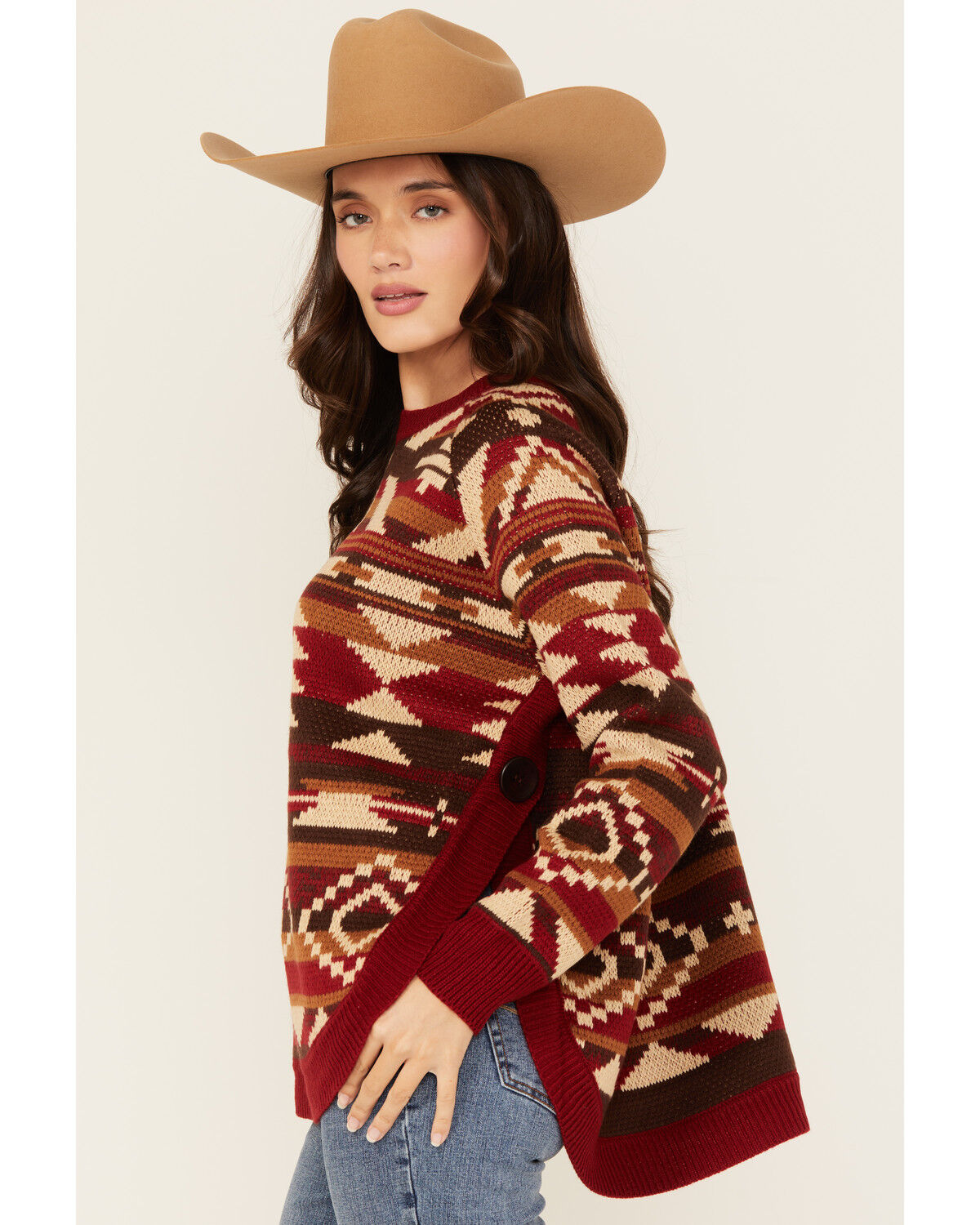 Cotton & Rye Women's Southwestern Print Button Sweater, Burgundy, hi-res