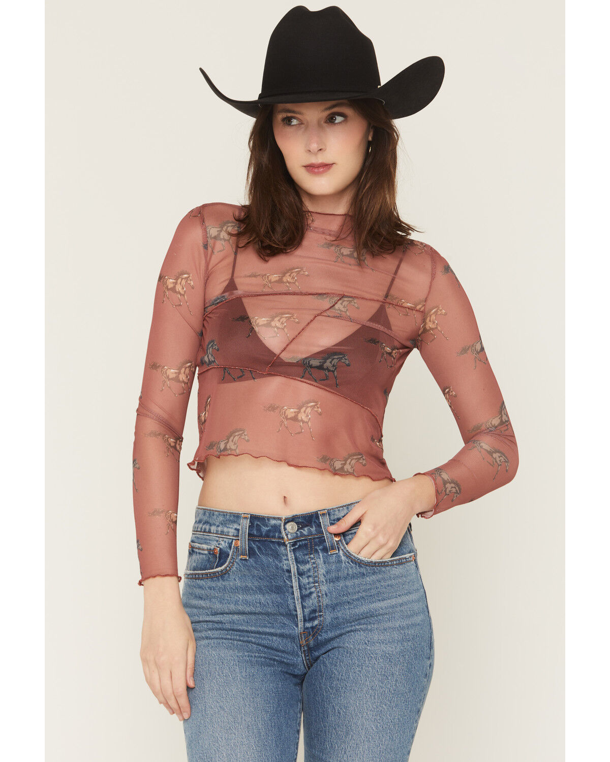 Image #1 - Rock & Roll Denim Women's Horse Print Long Sleeve Mesh Top, Rust Copper, hi-res