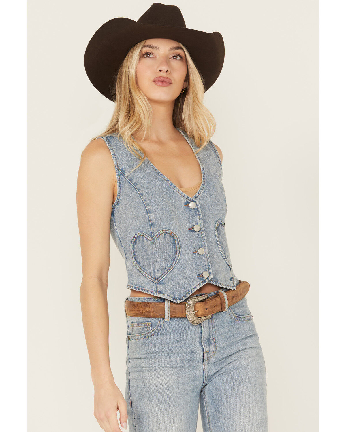26 International Women's Heart Pocket Denim Vest, Medium Wash, hi-res