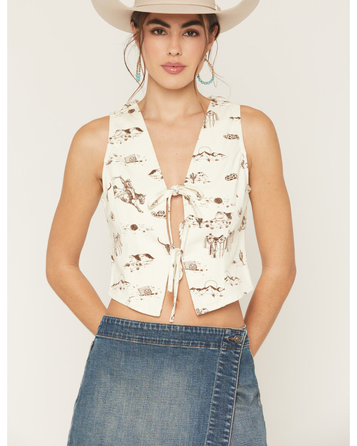 Image #1 - Ashley Women's Boot Barn Exclusive Rodeo Print Tie-Front Denim Vest, Cream, hi-res