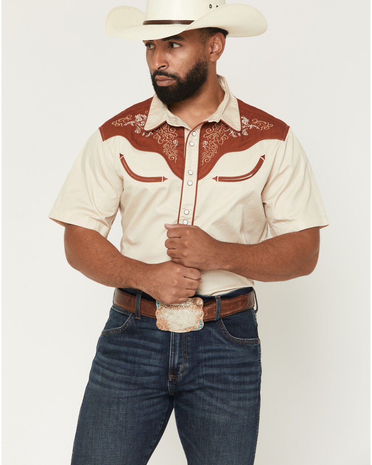Image #1 - Sendero Provisions Men's Cody Embroidered Horse Short Sleeve Snap Western Shirt, Oatmeal, hi-res