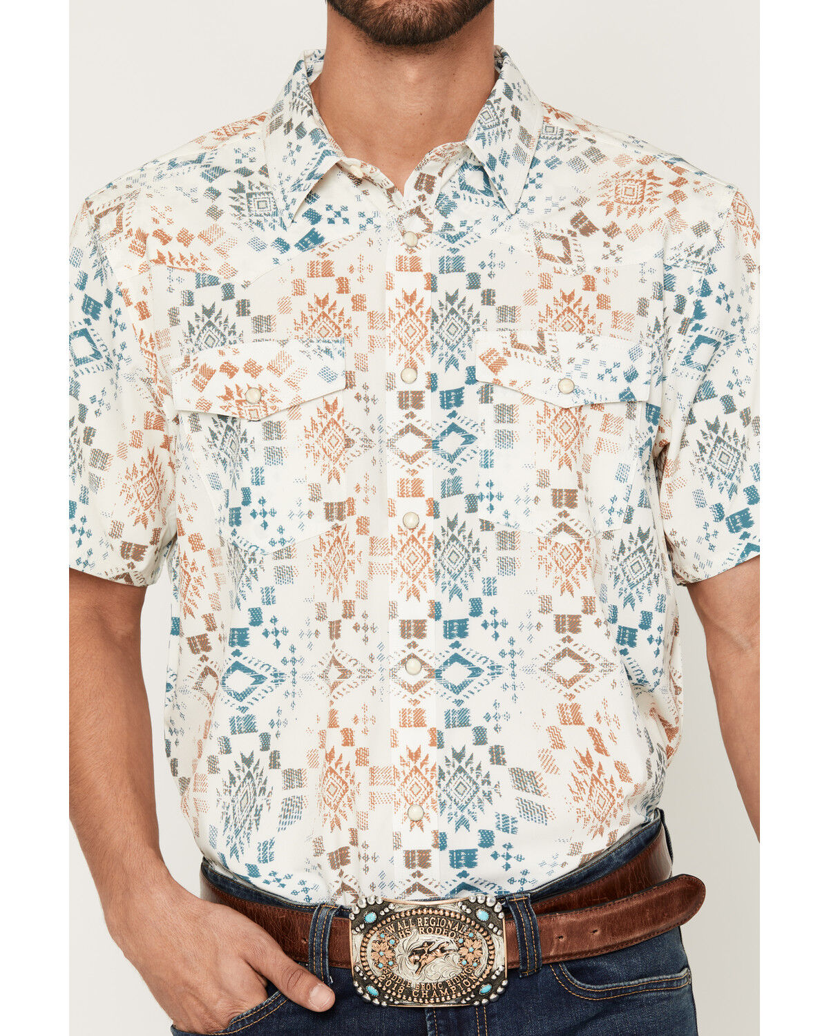 Image #3 - RANK 45&reg; Men's RODEOTEK&trade; 2.0 Everglades Southwestern Print Short Sleeve Snap Western Shirt, Ivory, hi-res