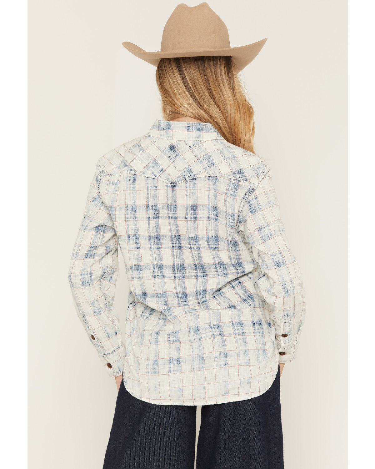 Image #4 - Kimes Ranch Women's Gwenn Distressed Plaid Print Long Sleeve Button-Down Western Shirt, Blue, hi-res