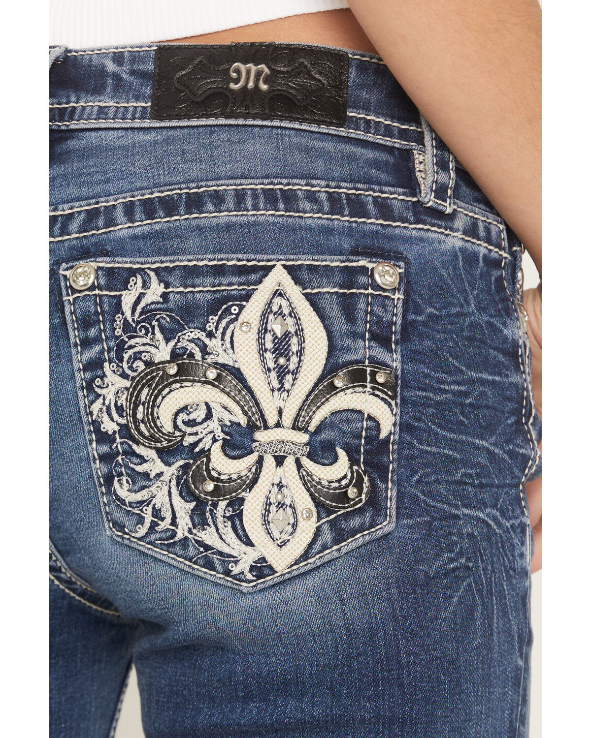 Image #2 - Miss Me Women's Medium Wash Mid Rise Fleur De Lis Pocket 30" Bootcut Stretch Denim Jeans, Medium Wash, hi-res