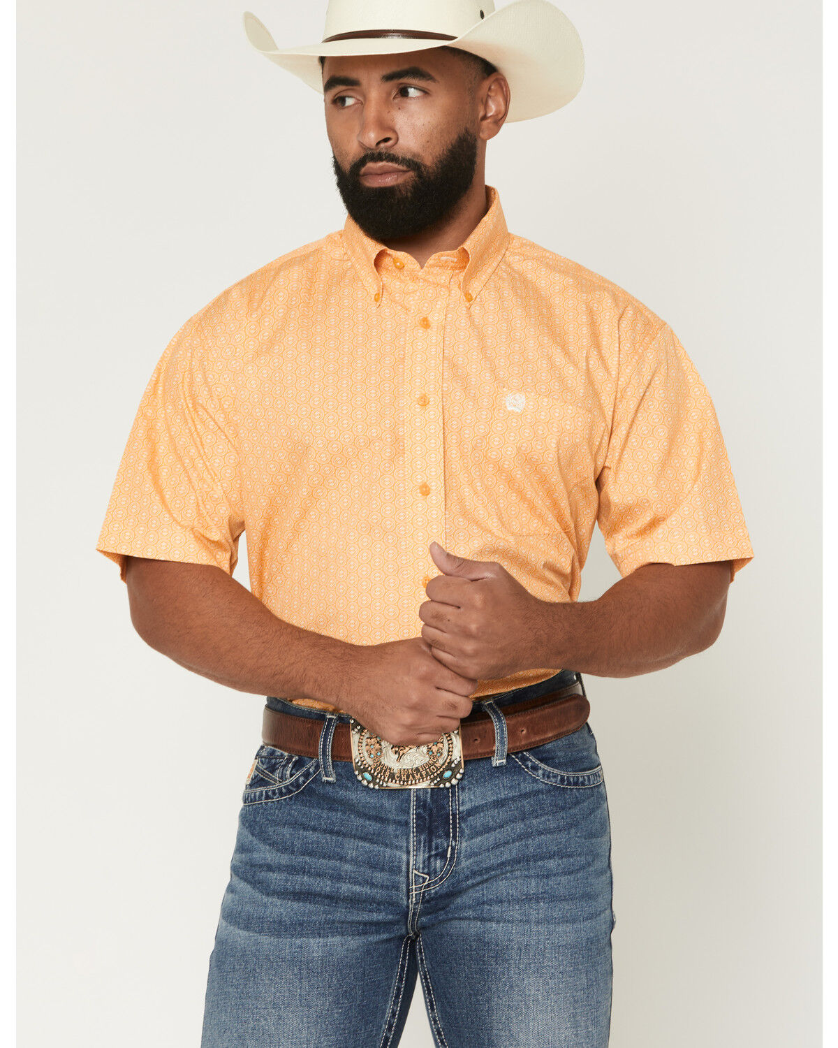 Image #1 - Cinch Men's Boot Barn Exclusive Geo Print Short Sleeve Button-Down Western Shirt, Gold, hi-res