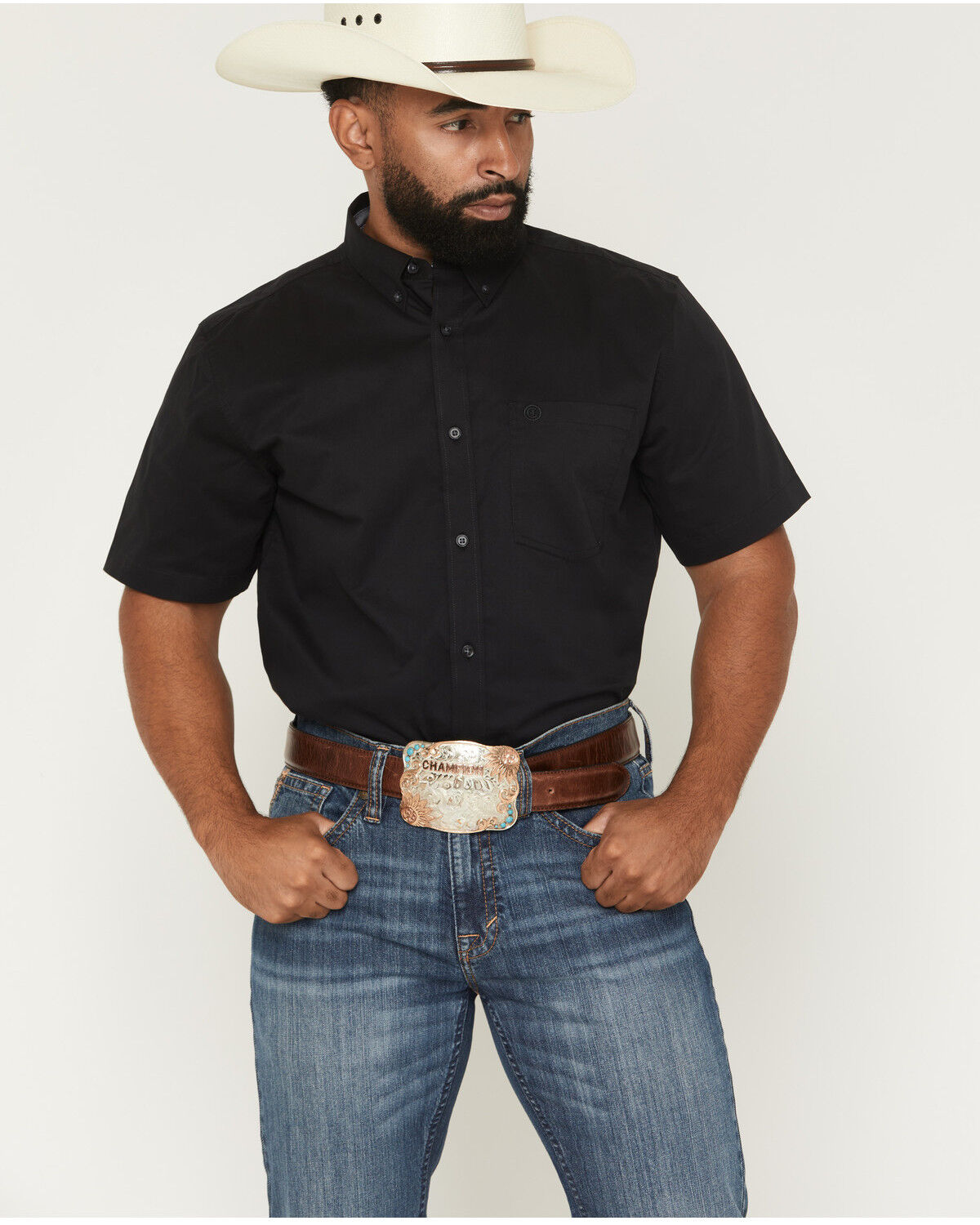 Cody James Men's Basic Solid Short Sleeve Button-Down Stretch Western Shirt - Big, Black, hi-res