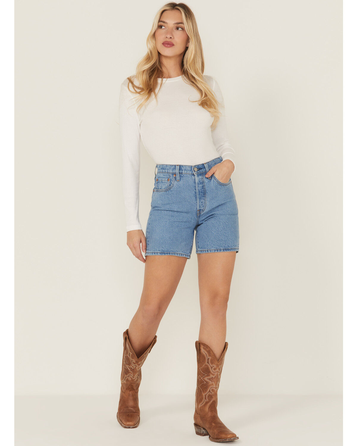 Image #1 - Levi's Women's 501&reg; Original Medium Wash High Rise Mid Thigh Stretch Denim Shorts, Medium Wash, hi-res