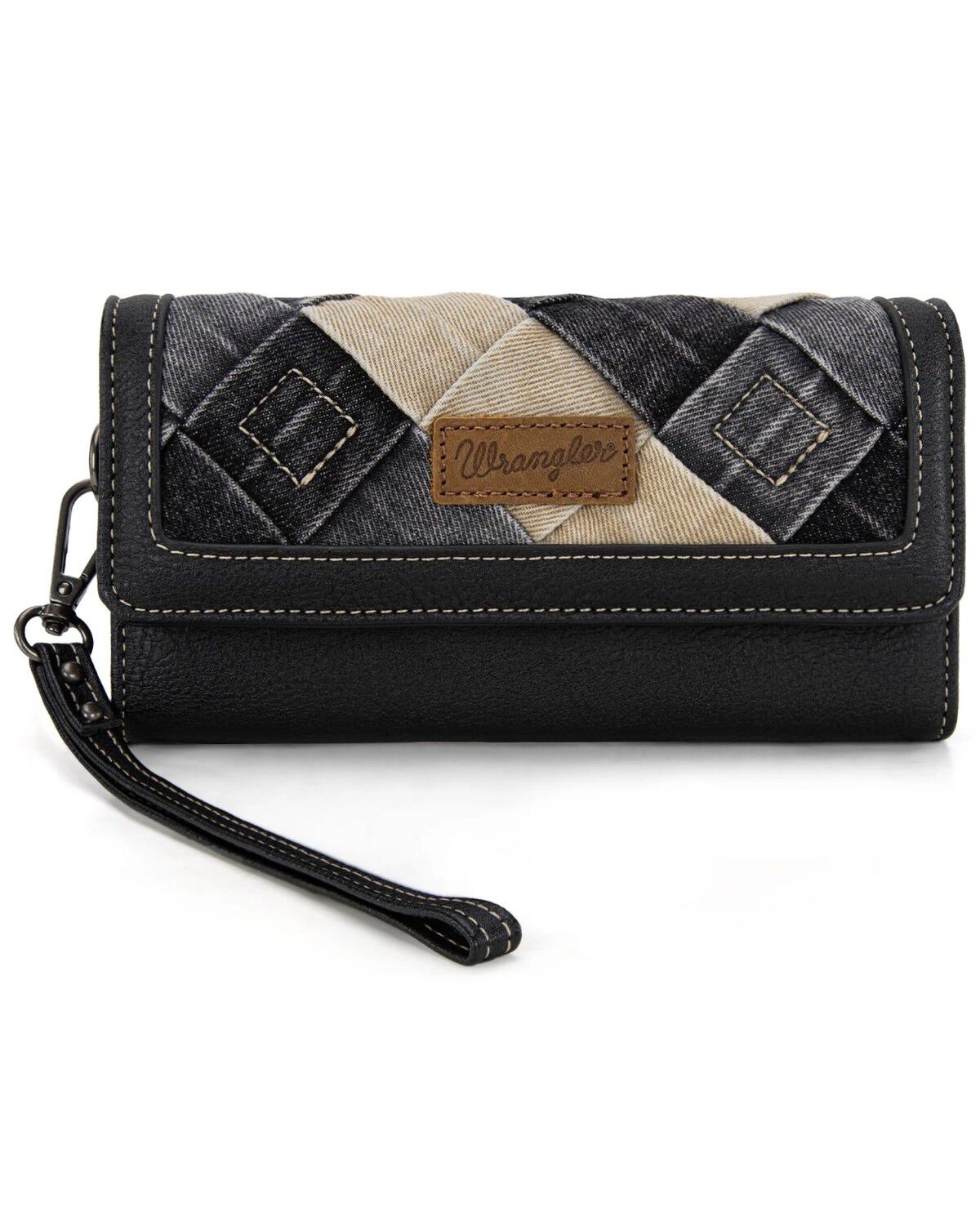 Image #1 - Wrangler Women's Denim Woven Tri-Fold Wristlet Wallet, Black, hi-res