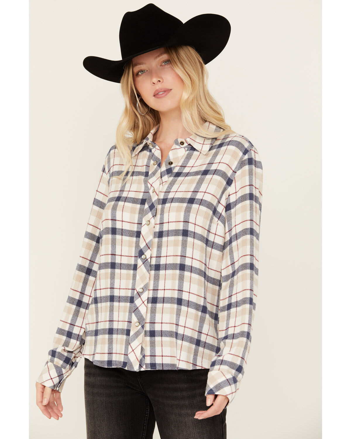 Idyllwind Women's Binkley Plaid Print Long Sleeve Pearl Snap Western Shirt, Ivory, hi-res