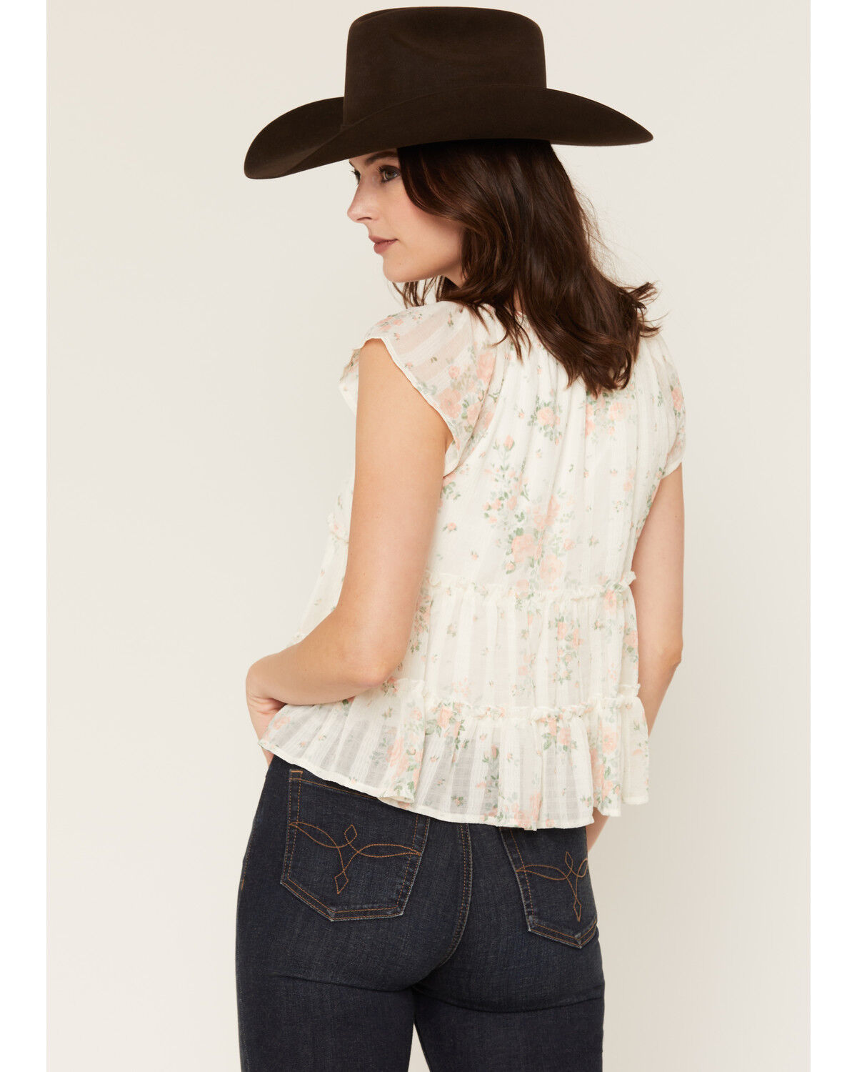 Image #4 - Ash & Violet Women's Floral Print Tie-Front Tiered Blouse, Ivory, hi-res