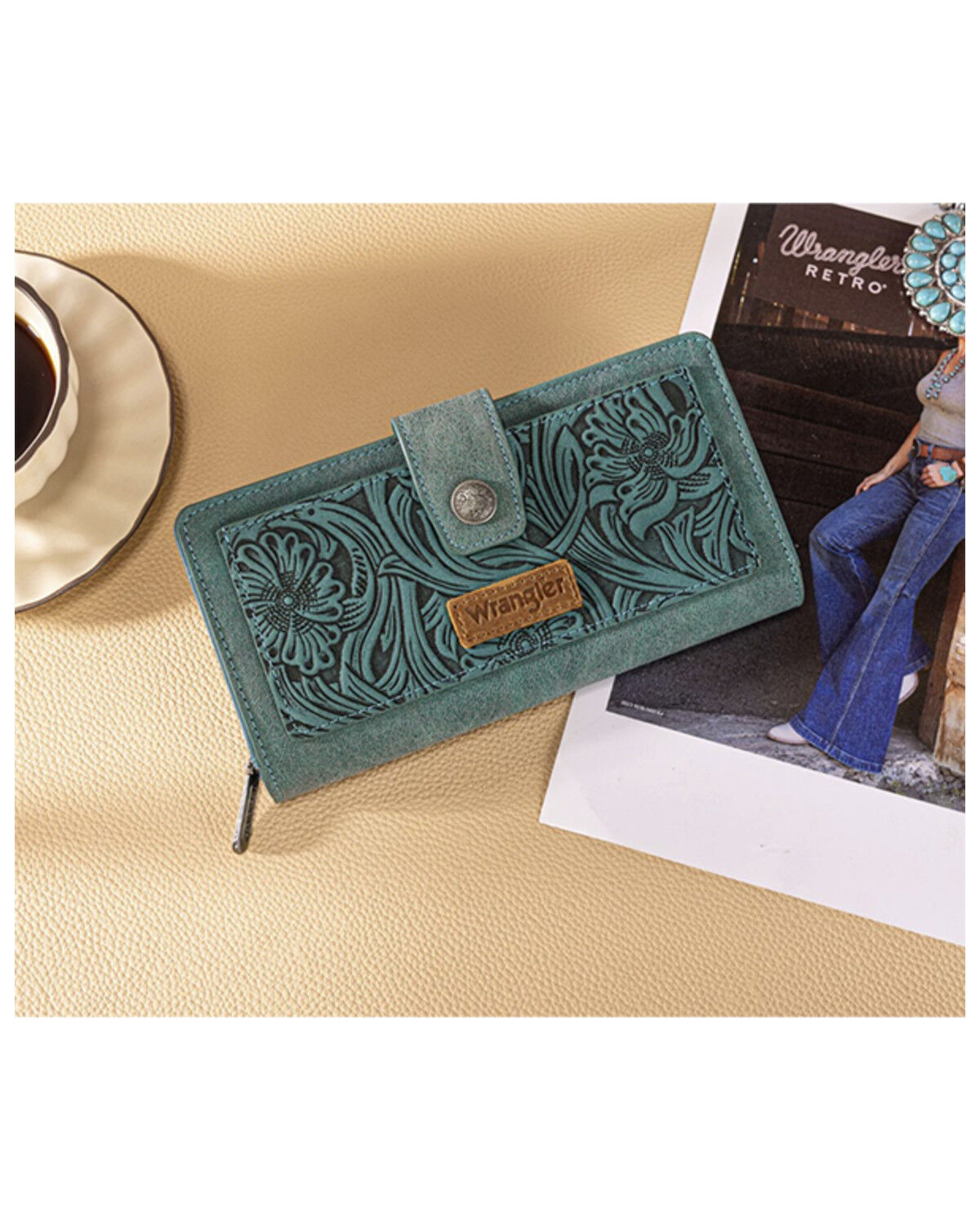 Image #3 - Wrangler Women's Floral Tooled Wallet, Turquoise, hi-res