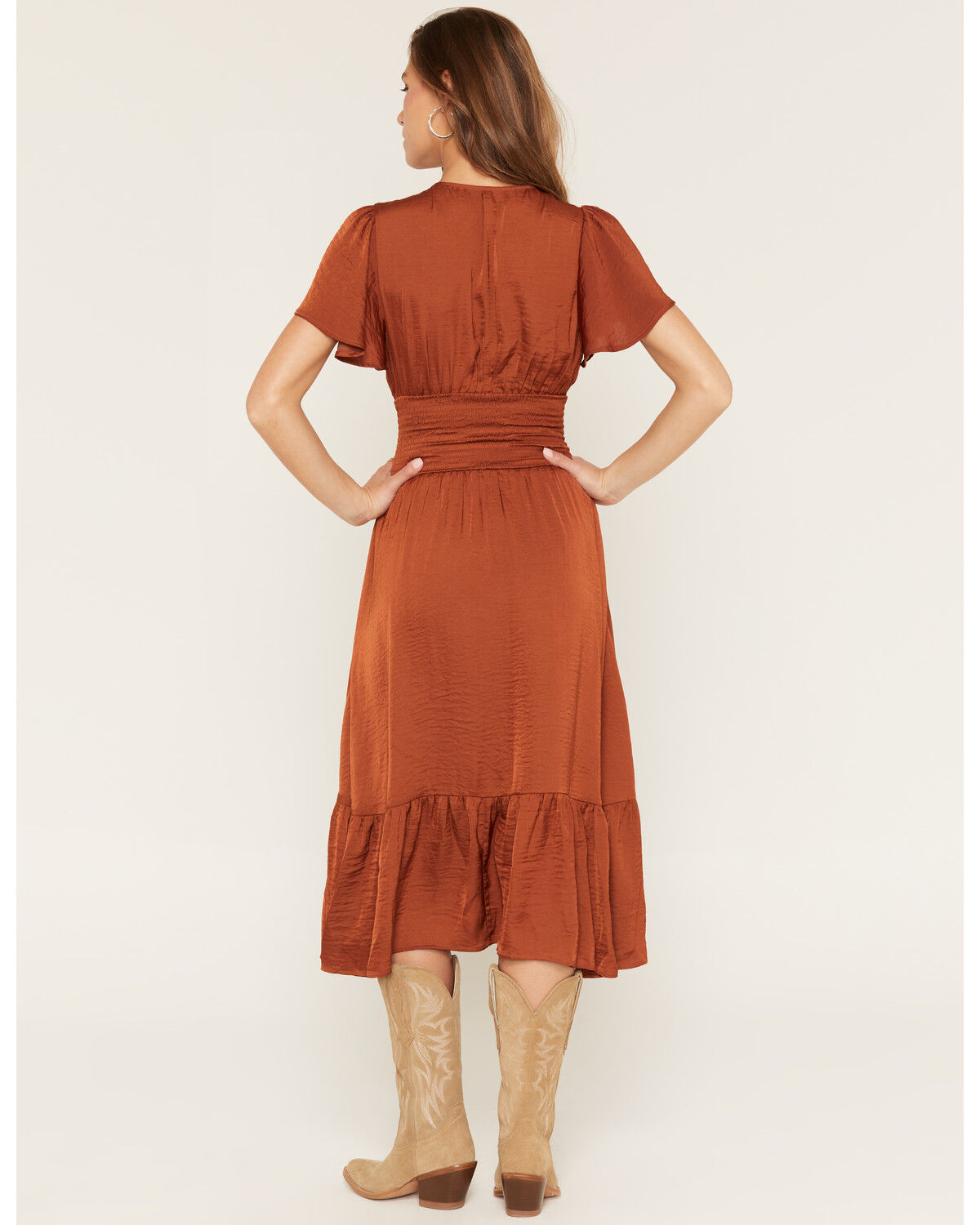 Image #4 - Shyanne Women's Savina Flutter Sleeve Smocked Midi Dress, Brown, hi-res