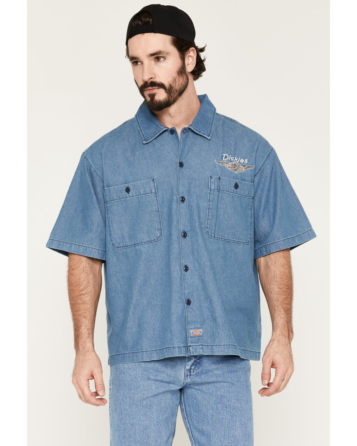 Image #2 - Dickies X Harley Davidson Men's Embroidered Short Sleeve Button-Down Denim Work Shirt, Light Wash, hi-res